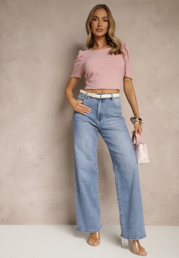 Różowy T-shirt z Prążkowanej Tkaniny z Zakładkami przy Rękawach Kolaniella