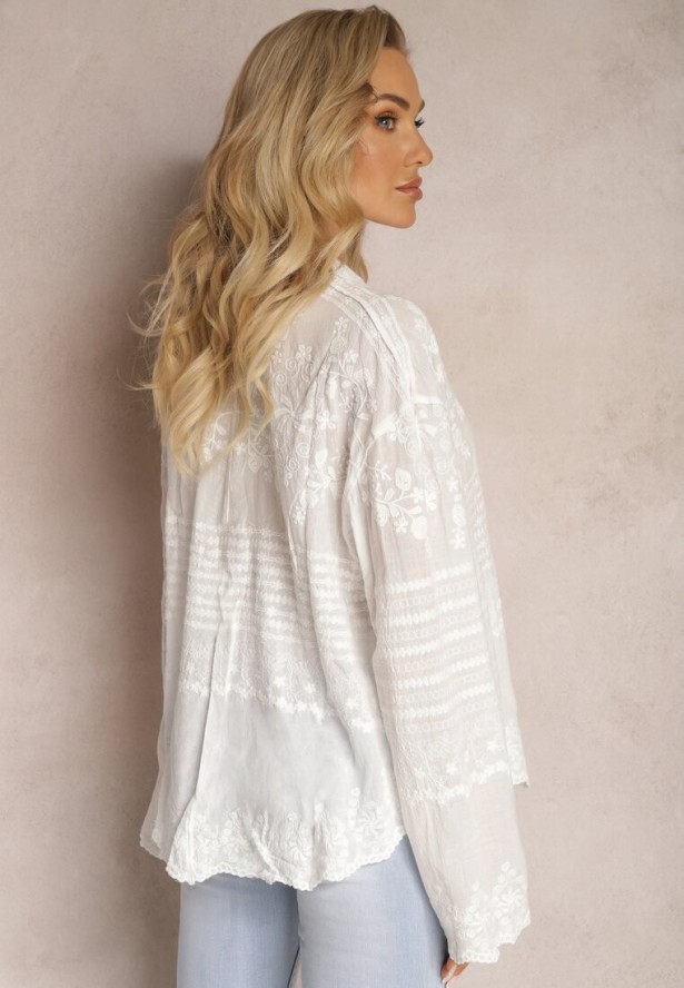 Biała Przezroczysta Koszula z Bawełny z Haftem w Kwiatki Kariela