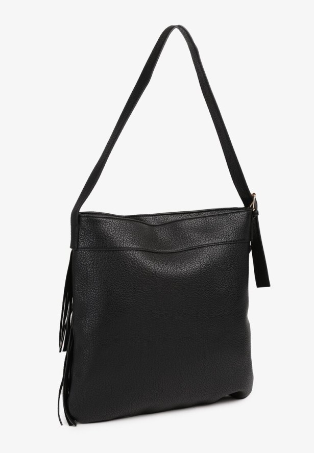 Czarno-Beżowa Torebka Listonoszka z Regulowanym Paskiem Zdobiona Frędzlami w Cętki Ravaniselle