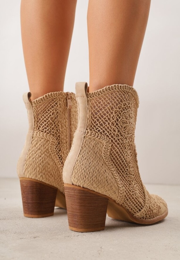 Ciemnobeżowe Ażurowe Botki Kowbojki VICES na Stożkowym Obcasie Natesela