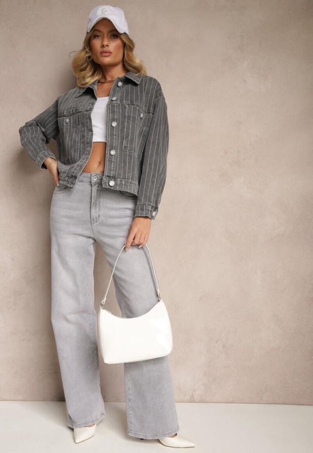 Szara Kurtka Jeansowa w Delikatne Prążki z Kieszeniami Ravirose