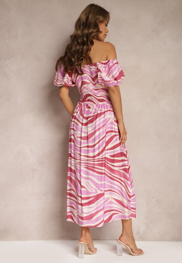 Ciemnoróżowa Sukienka z Bawełną i Wiskozą Ściągana przy Dekolcie Dimittha