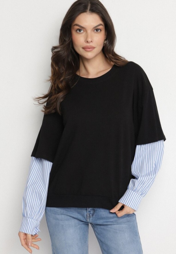 Czarna Bluzka z Bawełny z Koszulowymi Rękawami w Paski Firselia