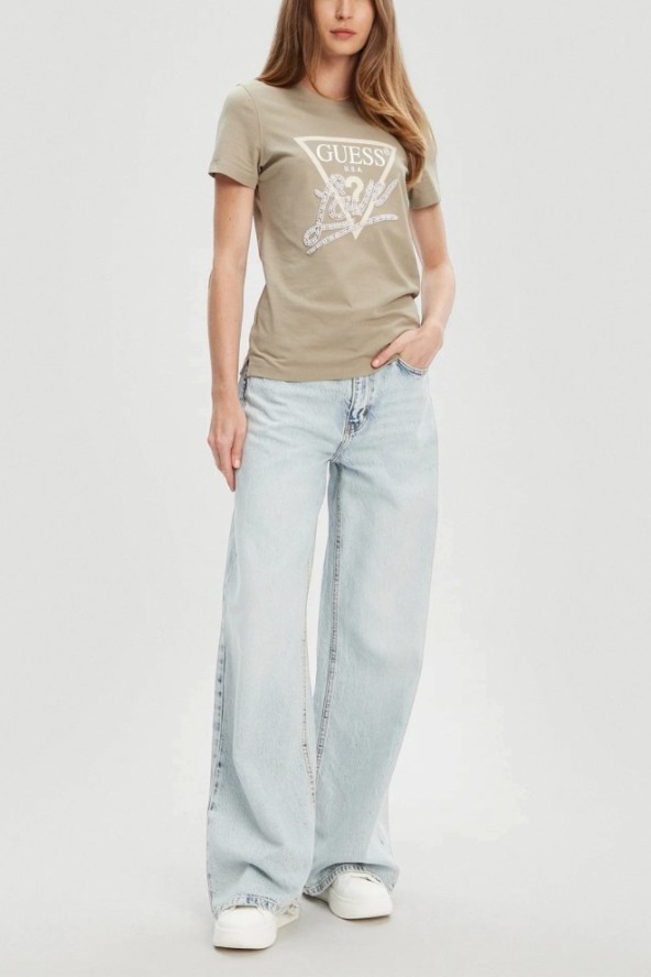 GUESS Zielony damski t-shirt Pearls Love, Rozmiar XS