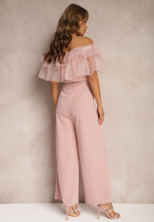 Ciemnoróżowy Koktajlowy Kombinezon z Falbanką przy Dekolcie bez Rękawów Tessita