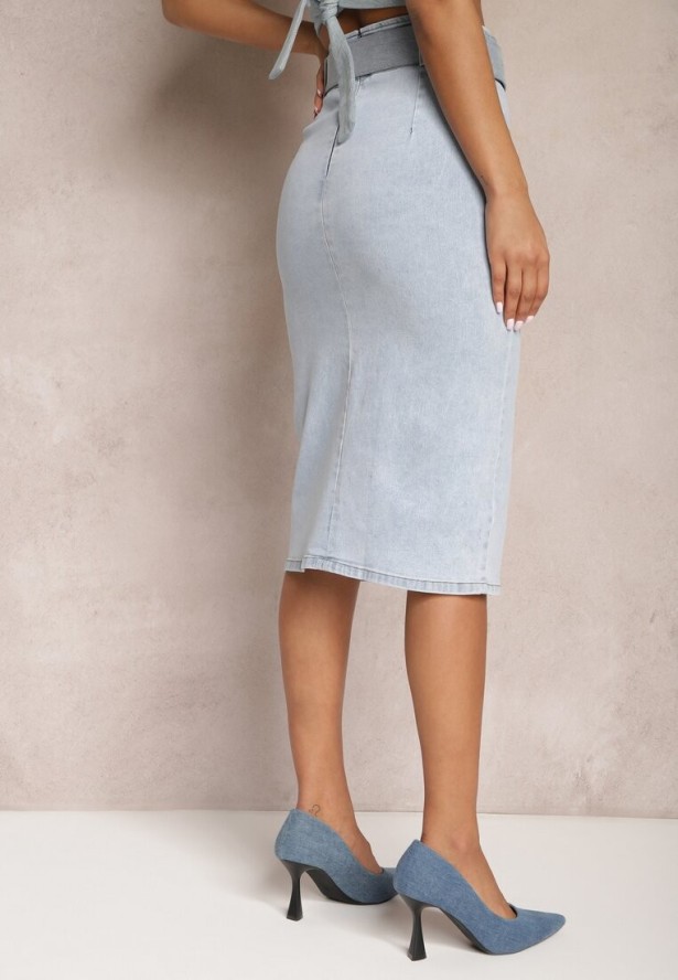 Jasnoniebieska Jeansowa Spódnica Ołówkowa Midi z Guzikami i Rozcięciem Jackiesa