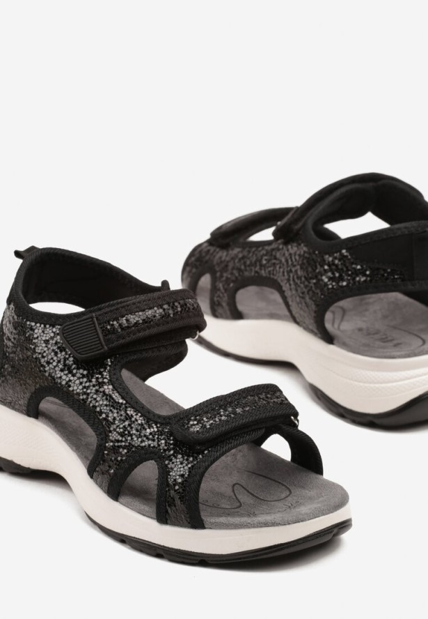 Czarne Metaliczne Sandały Vices w Sportowym Stylu z Zapięciem na Rzep Tanadoria