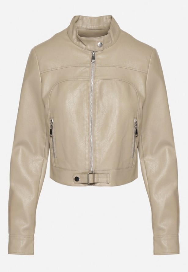 Ciemnobeżowa Kurtka Ramoneska w Motocyklowym Stylu z Klamerką Terlia