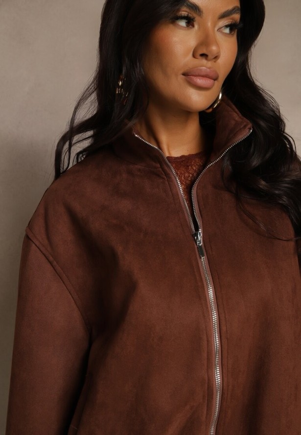 Brązowa Zasuwana Kurtka Bomberka w Stylistyce Y2K Zenora