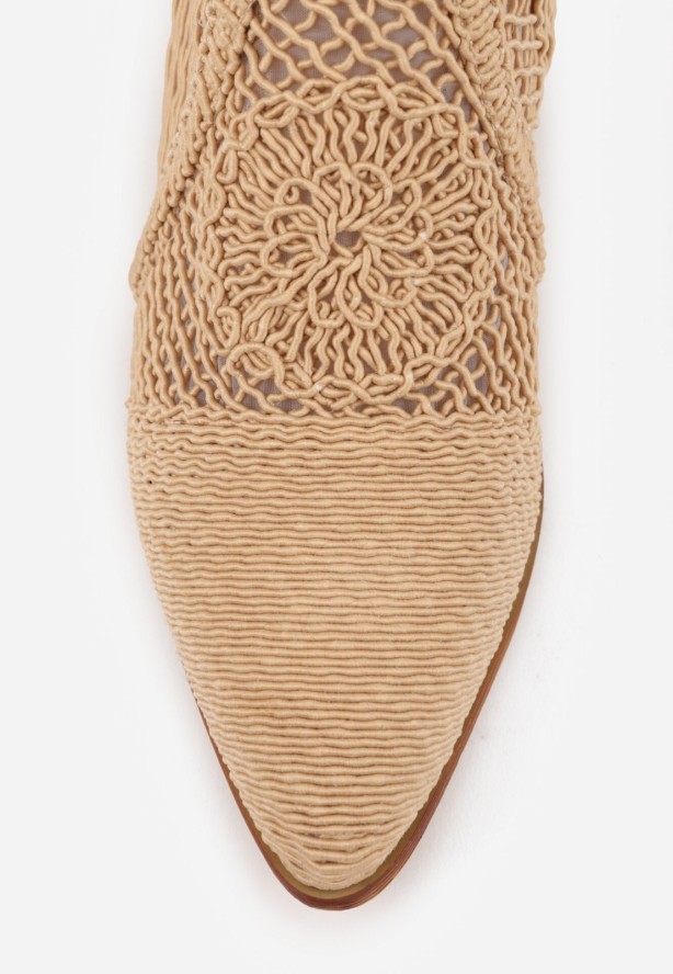 Ciemnobeżowe Ażurowe Botki Kowbojki VICES na Niskim Obcasie Azimessa