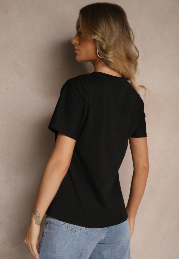 Czarny Bawełniany T-shirt z Kokardą 3D i Nadrukiem Tortu Sanaviela