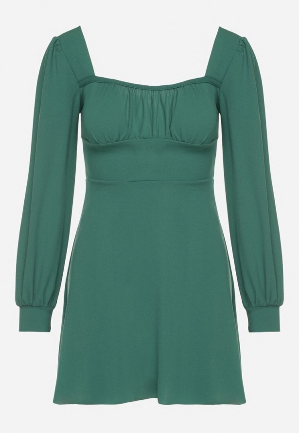 Zielona Sukienka z Bufiastymi Rękawami i Kwadratowym Dekoltem Sopanielle