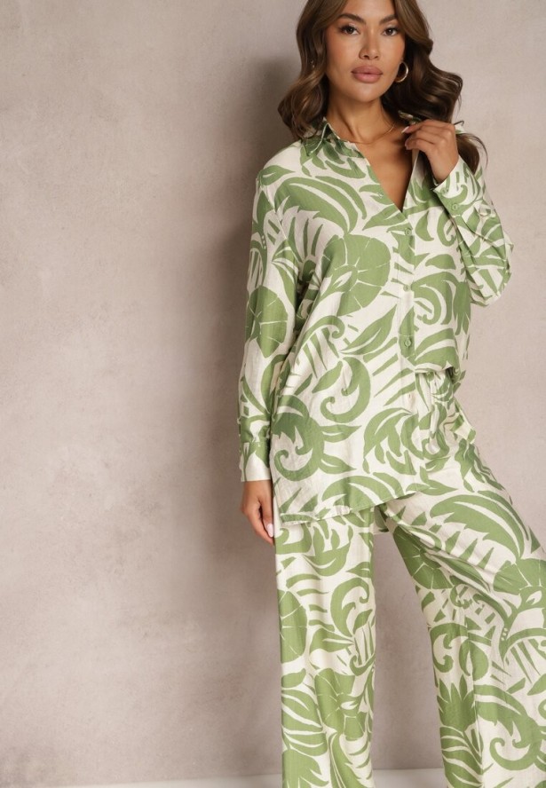 Zielony 2-Częściowy Komplet z Wiskozy Koszula z Długim Rękawem i Szerokie Spodnie Yiseria