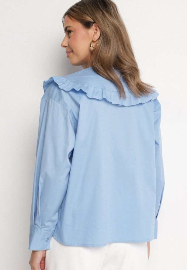 Niebieska Bawełniana Koszula Retro z Ozdobnym Kołnierzykiem i Wiązaniem Ravselina