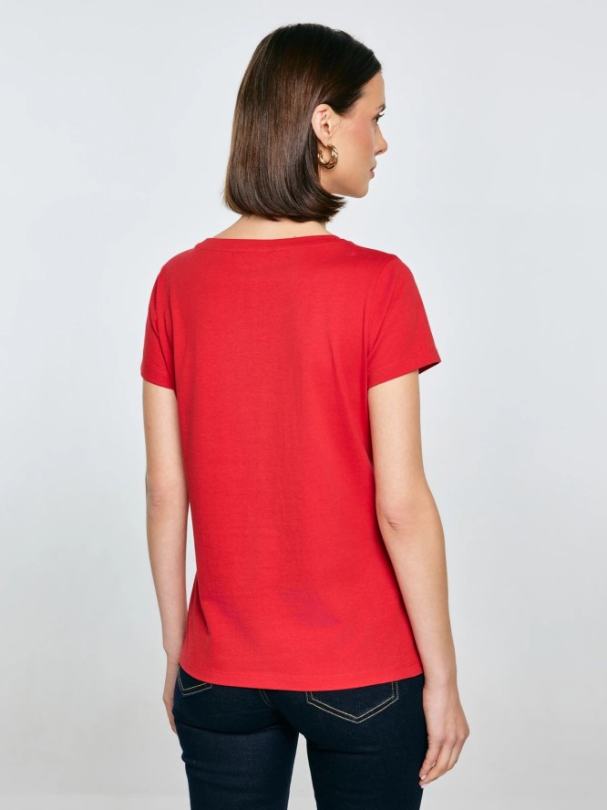 Koszulka damska z brokatowym nadrukiem czerwona Merra 603