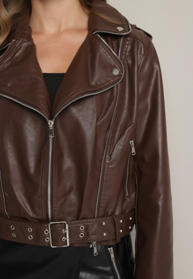 Brązowa Kurtka Ramoneska z Paskiem z Klamrą Ralvila