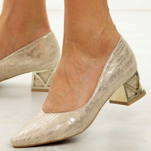 Złote s160 skórzane Polskie czółenka damskie na obcasie Prestige 2230