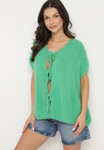 Zielona Kamizelka Narzutka z Moherem Wiązana z Przodu Vikilana