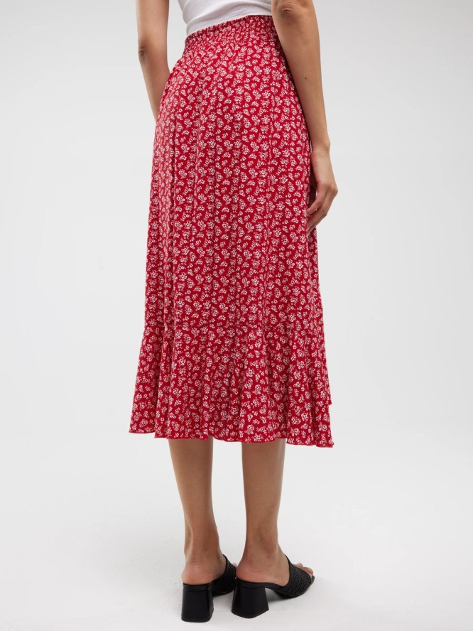 Spódnica damska midi z wiskozy z falbaną czerwona Tyla 603
