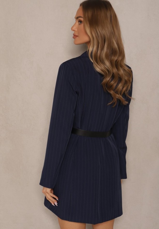 Granatowa Marynarkowa Sukienka z Wiskozą i Usztywnionymi Ramionami w Paski Nevarae