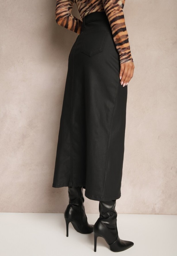 Czarna Midi Spódnica High Waist z Guzikiem i Kieszeniami oraz Suwakiem Navitta
