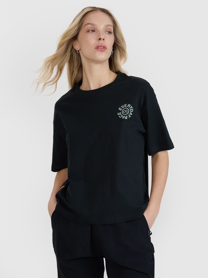 4F T-shirt oversize z nadrukiem damski - czarny XS