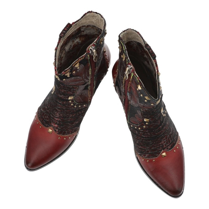 Botki damskie Laura Vita, kowbojki skórzane we wzorki z noskiem w szpic za kostkę i na klocku, granatowe, Hicnio-20