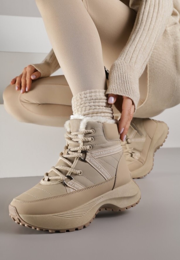 Ciemnobeżowe Śniegowce na Grubej Podeszwie z Geometrycznym Wzorem Alwedea