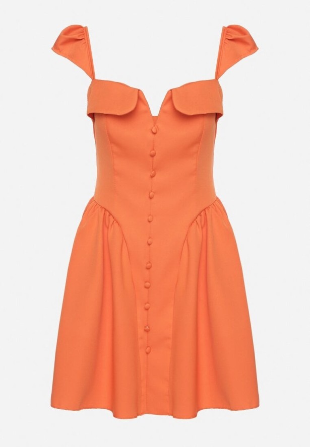 Pomarańczowa Rozkloszowana Sukienka z Ozdobnym Dekoltem i Guzikami Salasesia