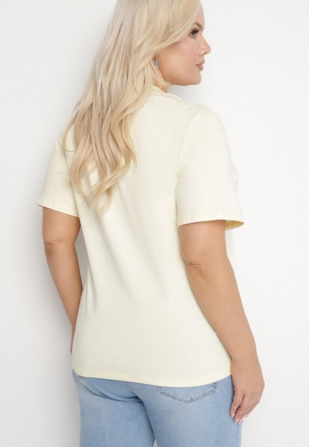 Żółty Bawełniany T-shirt z Ozdobnym Napisem i Cyrkoniami Olisandra