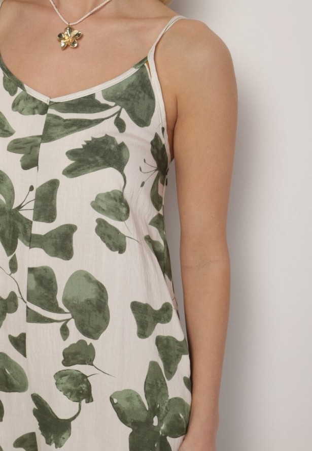 Zielono-Beżowy Kombinezon z Wiskozą na Ramiączkach z Szeroką Nogawką Iffre