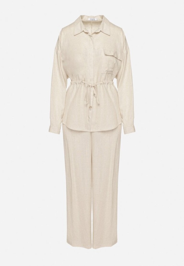 Beżowy Komplet z Wiskozą Koszula Ściągana w Talii i Szerokie Spodnie Divellara
