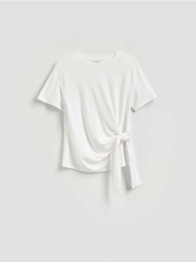 T-shirt z ozdobnym wiązaniem - złamana biel