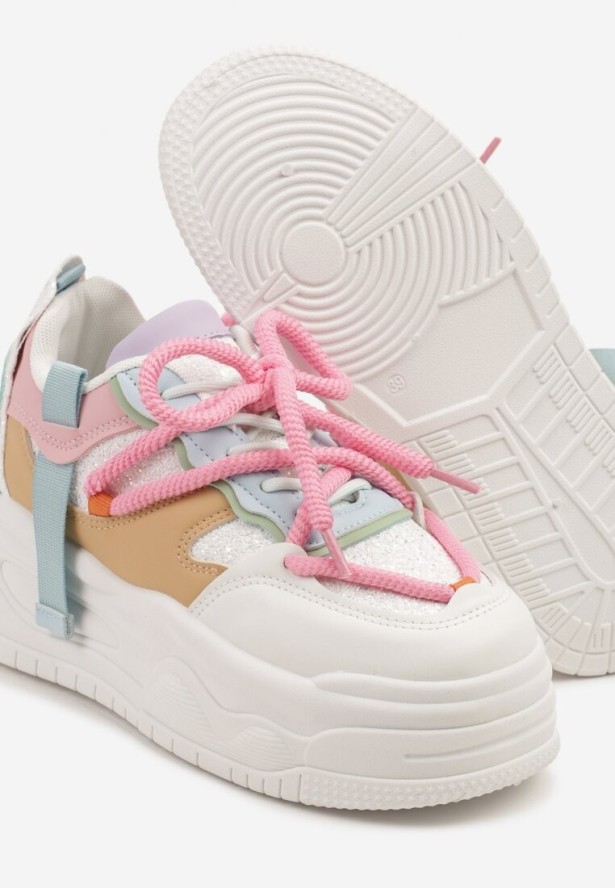Biało-Różowe Sneakersy w Streetwearowym Stylu na Tłoczonej Platformie z Brokatem Mailienne