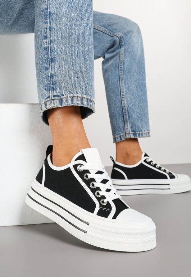 Czarne Trampki na Niskiej Platformie Ozdobione Cyrkoniami Felelith