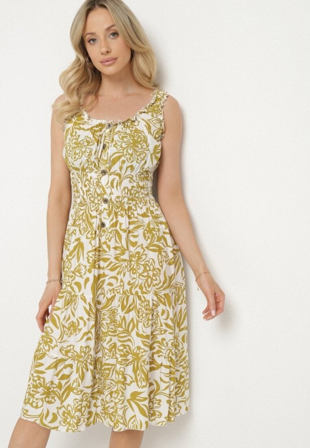 Jasnozielona Bawełniana Sukienka Rozkloszowana Ozdobiona Guzikami Lisavena