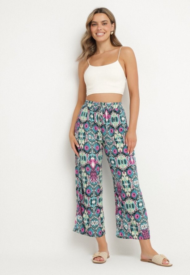 Zielono-Różowe Spodnie Szerokie z Bawełny w Etno Print Tolivenna