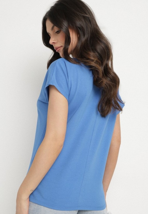 Niebieski Bawełniany T-shirt z Trójkątnym Dekoltem Linarosea