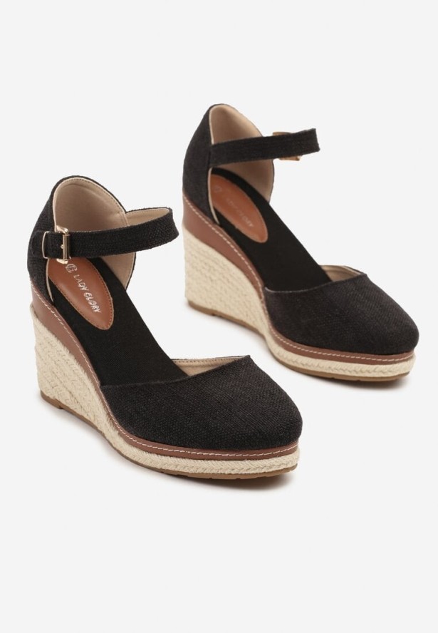 Czarne Sandały na Koturnie z Plecionką w Stylu Espadryli Alathria