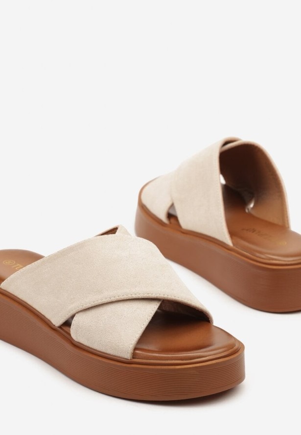 Beżowe Klapki na Grubej Podeszwie z Szerokimi Paskami Tosvene