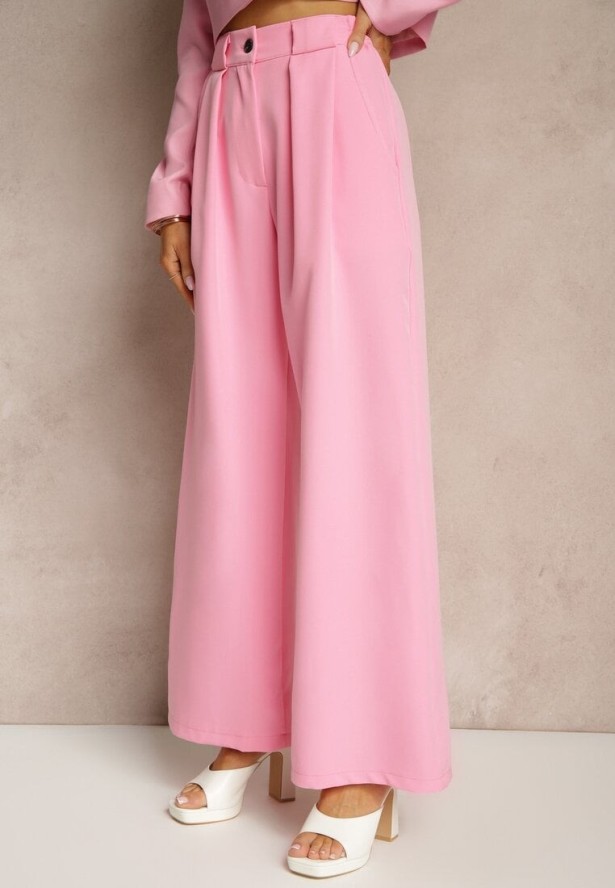 Różowe Szerokie Spodnie High Waist o Garniturowym Kroju z Zakładkami Uliadorea