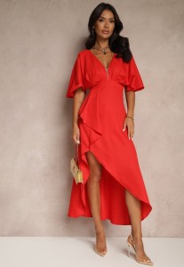 Czerwona Asymetryczna Sukienka Koktajlowa Vices Ozdobiona Falbanką Nelioraia