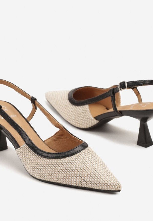 Beżowo-Czarne Tweedowe Sandały Slingback na Obcasie Typu Kaczuszka Fallotia