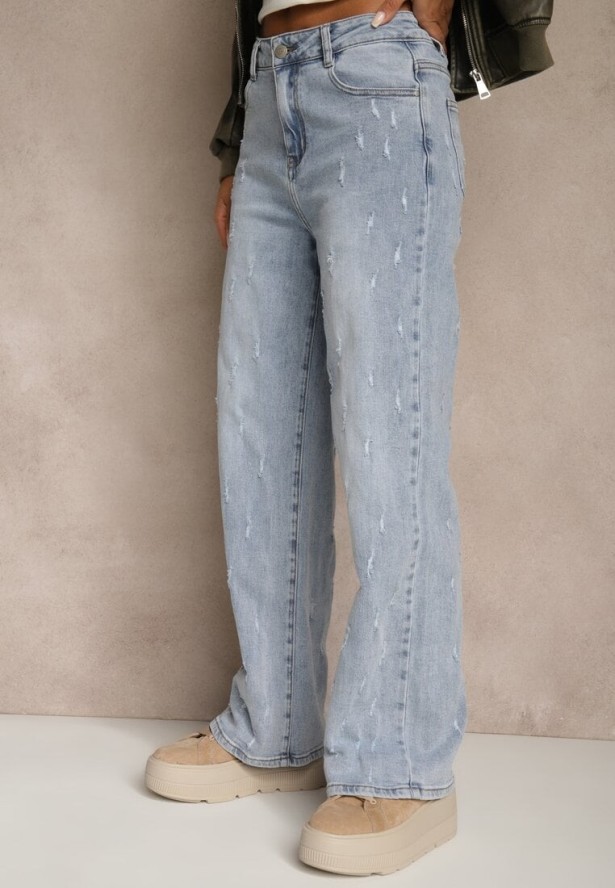 Niebieskie Jeansy z Bawełny o Szerokim Kroju High Waist Ozdobione Przetarciami Feless