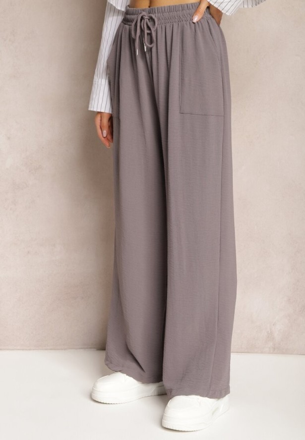 Szare Spodnie High Waist ze Sznurkiem w Talii i Prostą Nogawką Raveann