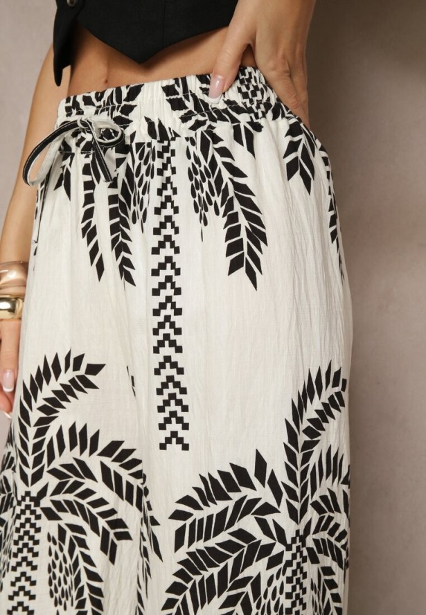 Białe Spodnie z Wiskozy o Szerokim Kroju High Waist z Palmami Varritia