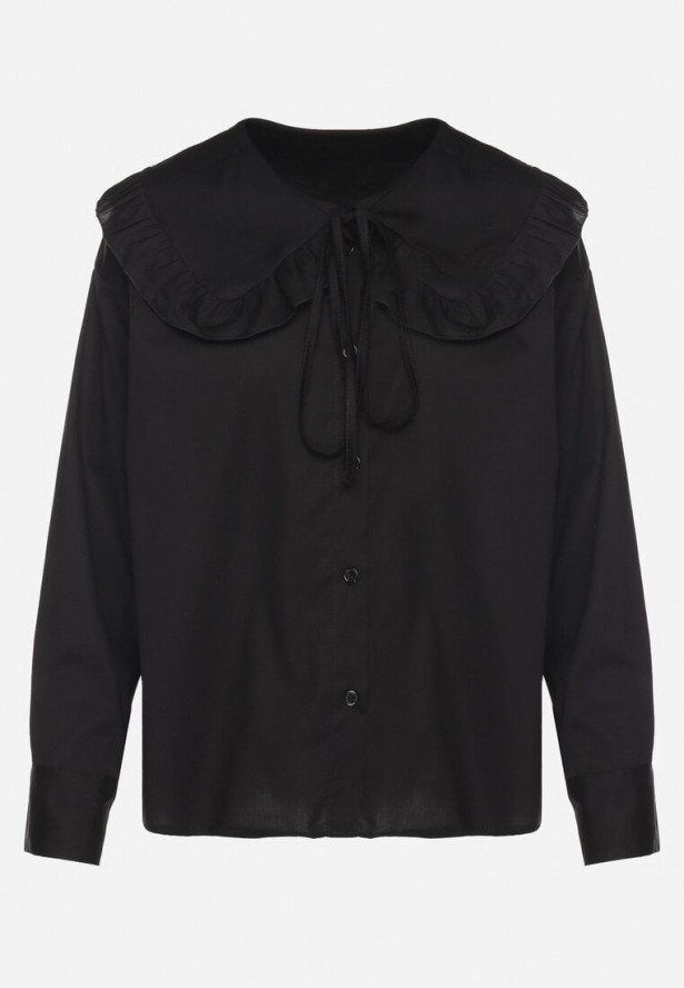 Czarna Bawełniana Koszula Retro z Ozdobnym Kołnierzykiem i Wiązaniem Ravselina