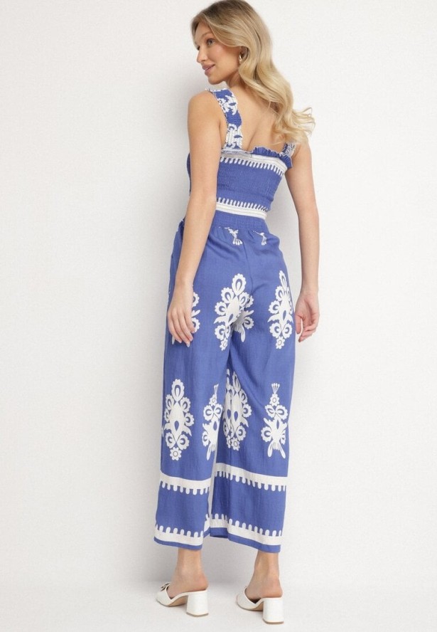 Niebieski Wiskozowy Kombinezon na Ramiączkach z Szeroką Nogawką Sonavirea