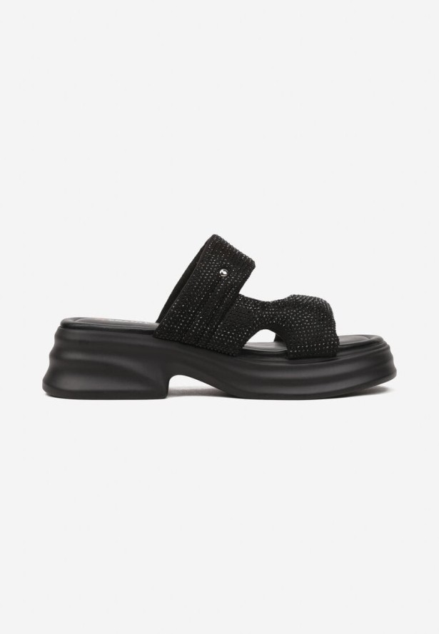 Czarne Klapki na Grubej Podeszwie Ozdobione Cyrkoniami i Wycięciami Kalivna