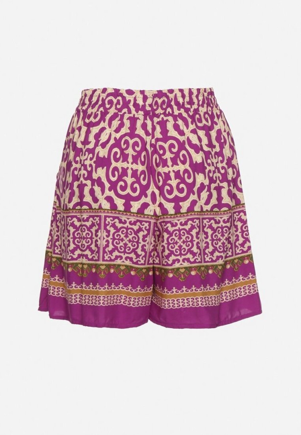 Fioletowe Bawełniane Szorty Bermudy w Etniczny Wzór z Gumką w Talii i Kieszeniami Vomena